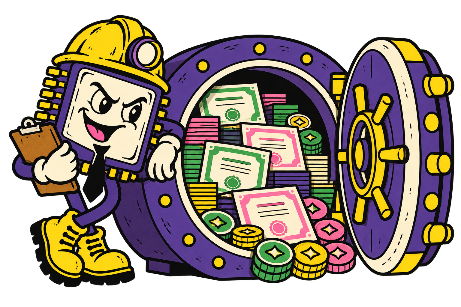 Cartoon vault filled with stock certificates